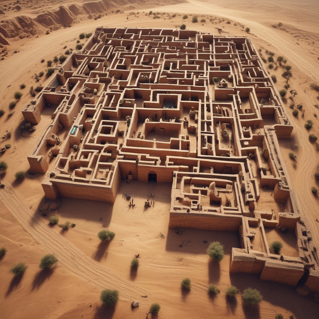 Engaging aerial view of an ancient maze-like city in a desert